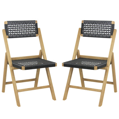 Set of 2 Folding Chairs Indonesia Teak Wood Dining Chairs with Woven Rope Seat and Back