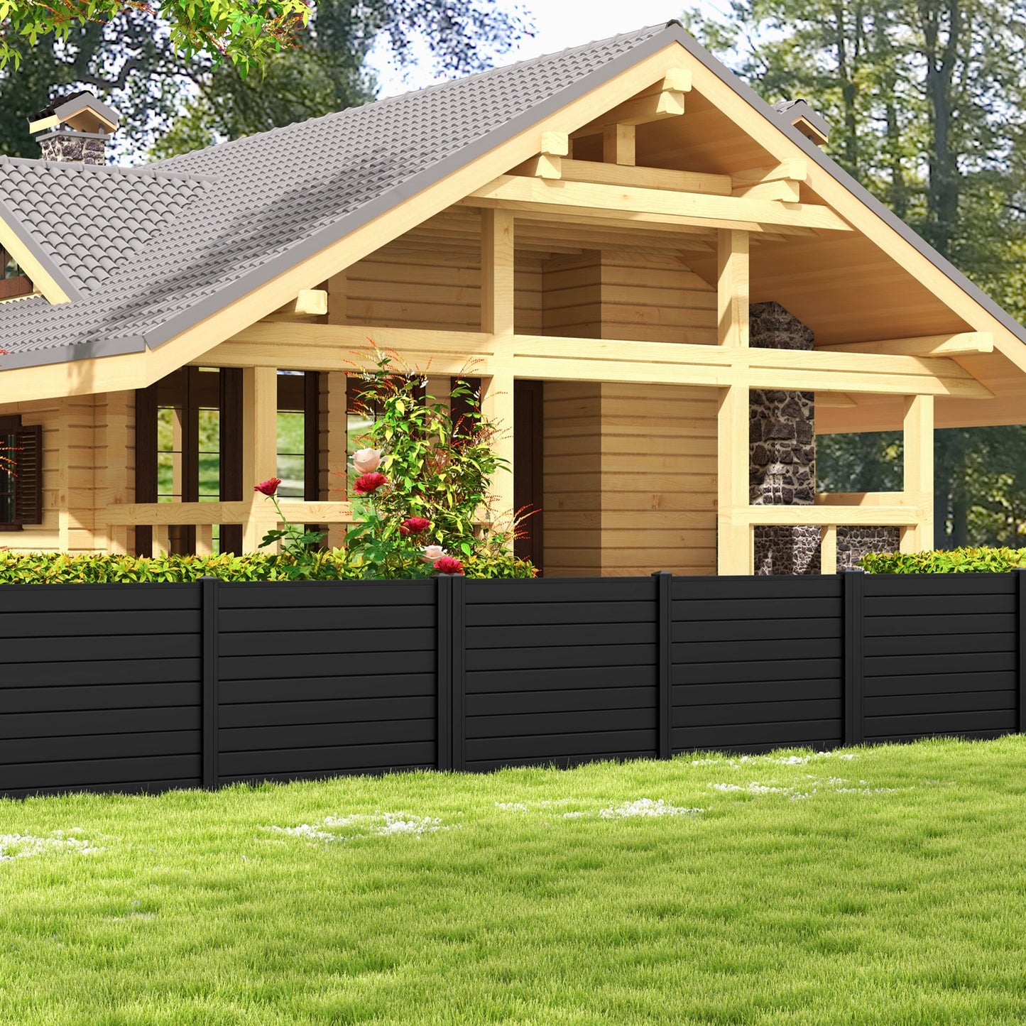 Outdoor PVC Privacy Screens Fence Panels with 20 Inch Long Stakes-Black