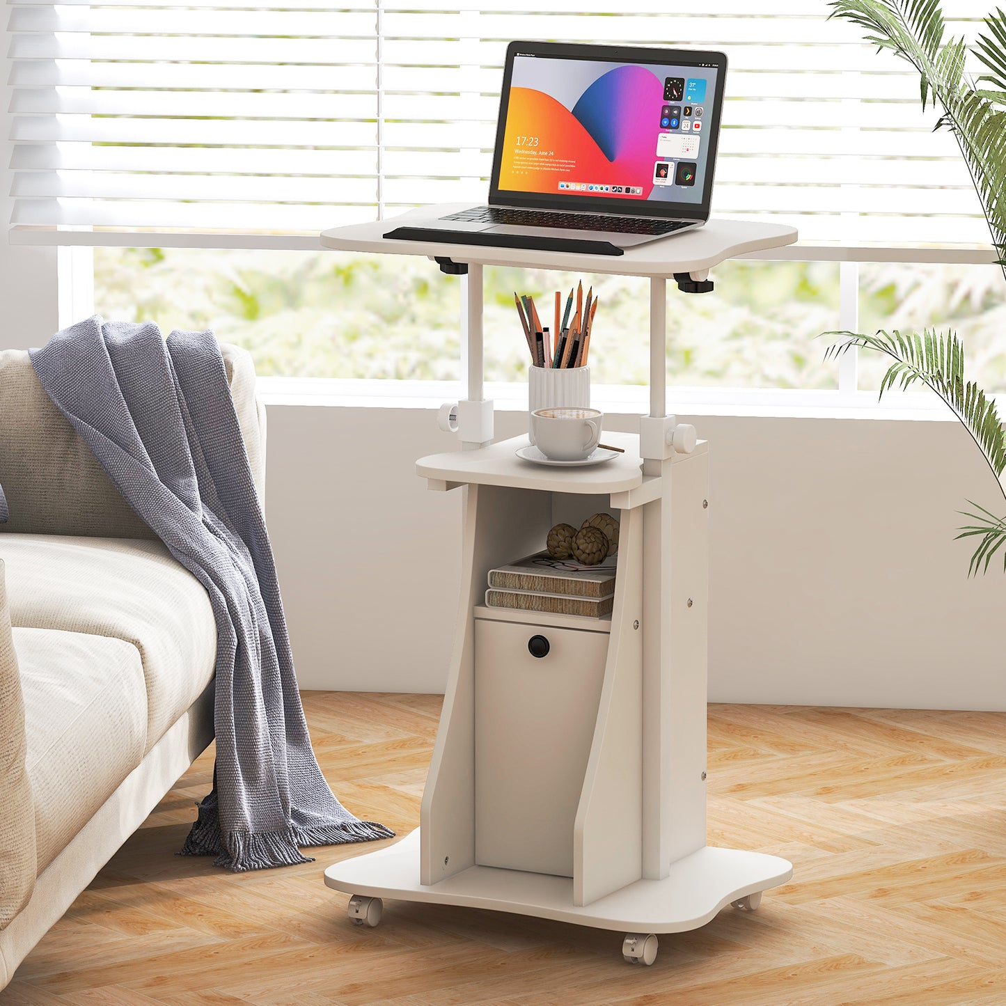 Adjustable Mobile Standing Desk Cart with Tilt Desktop and Cabinet-White