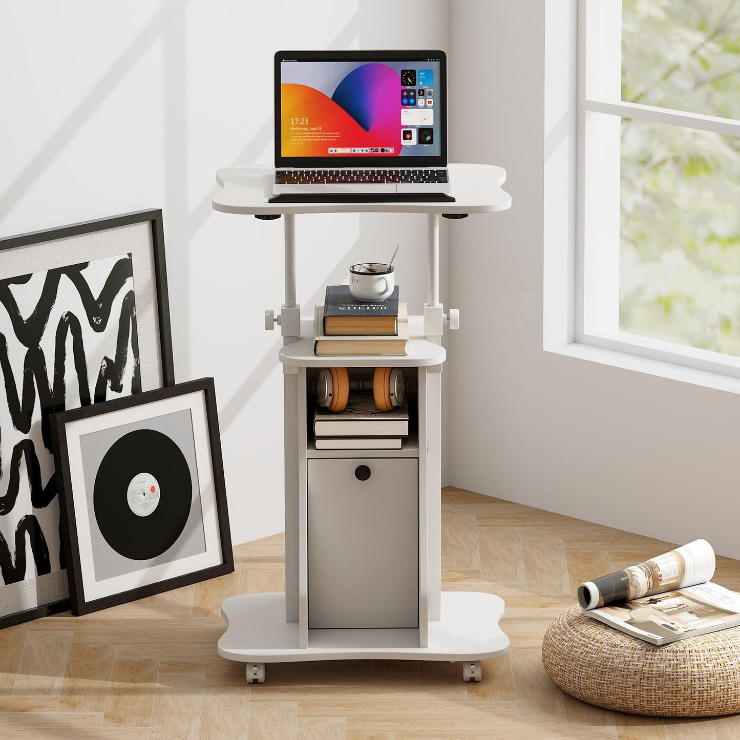 Adjustable Mobile Standing Desk Cart with Tilt Desktop and Cabinet-Black