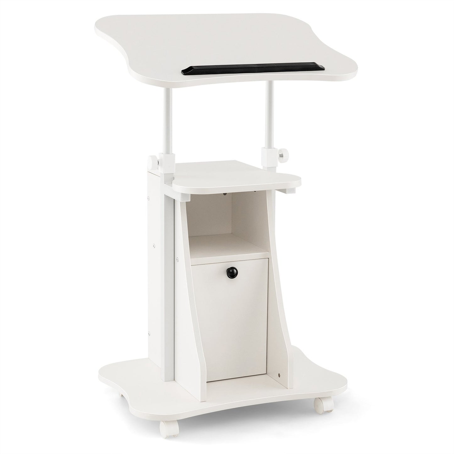 Adjustable Mobile Standing Desk Cart with Tilt Desktop and Cabinet-Black