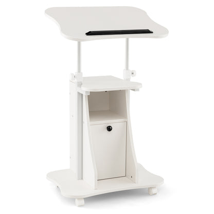 Adjustable Mobile Standing Desk Cart with Tilt Desktop and Cabinet-White