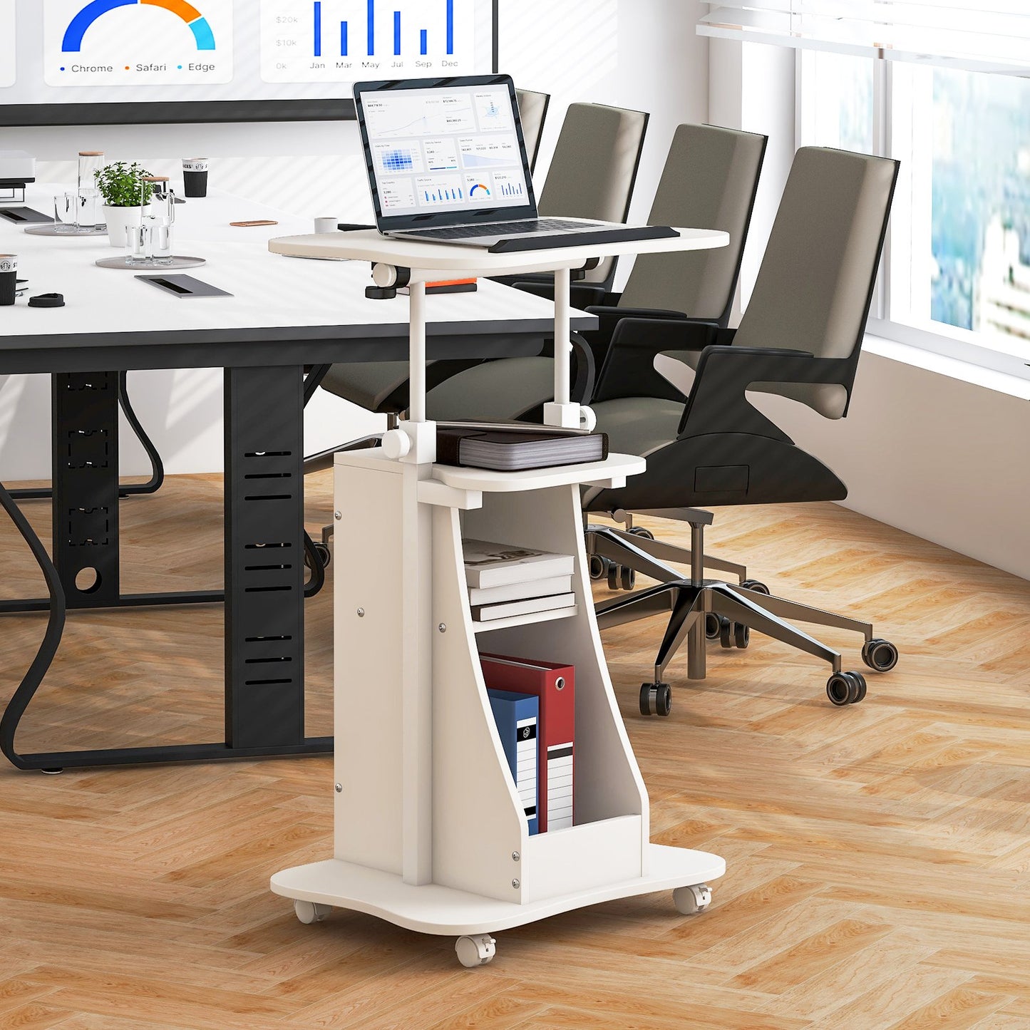 Mobile Podium Stand Height Adjustable Laptop Cart with Tilting Tabletop and Storage Compartments-White