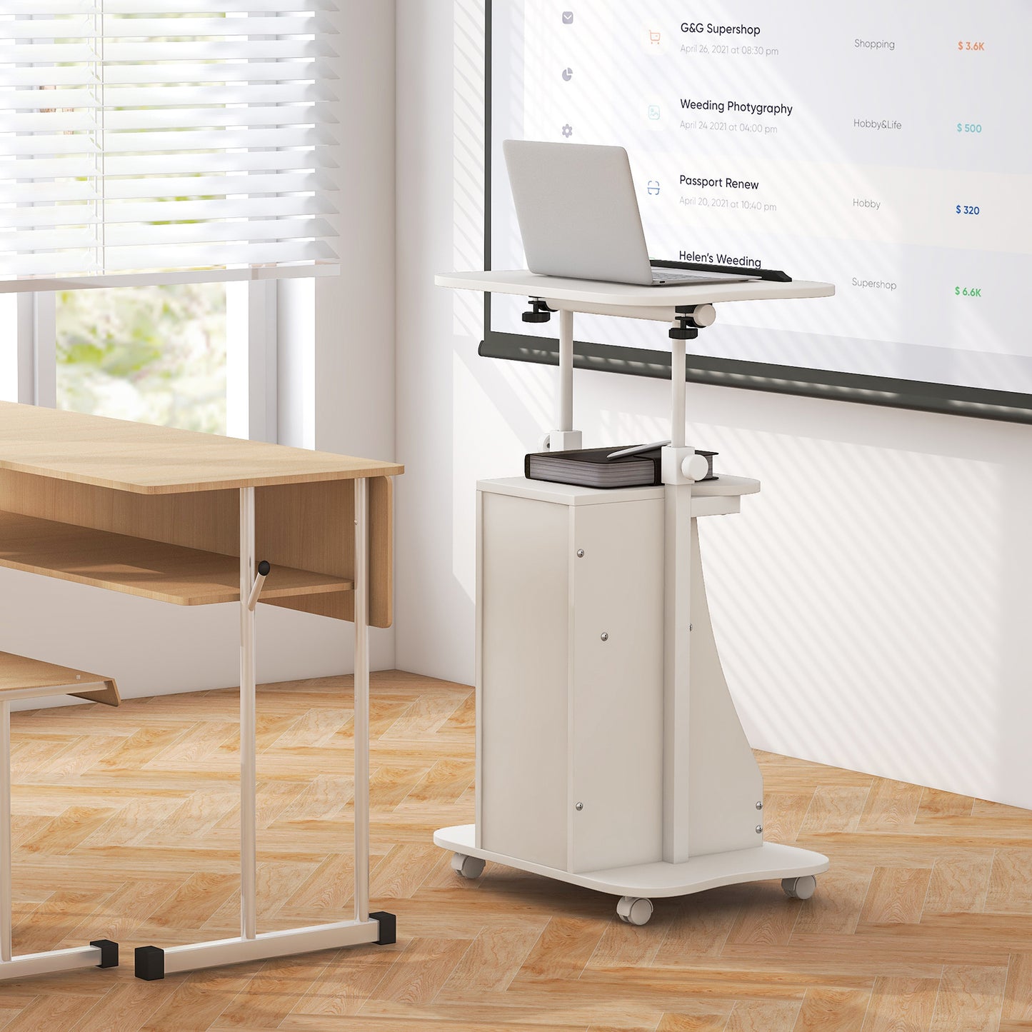 Mobile Podium Stand Height Adjustable Laptop Cart with Tilting Tabletop and Storage Compartments-White