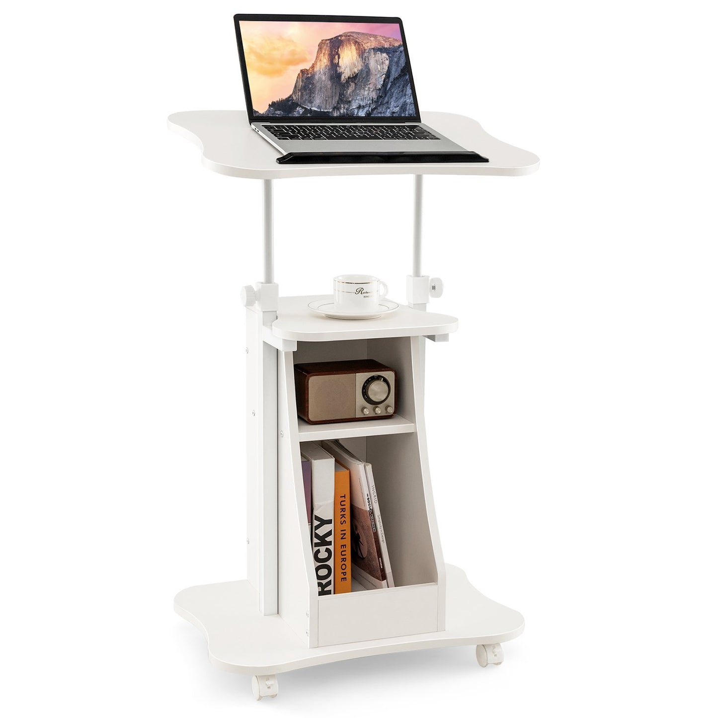 Mobile Podium Stand Height Adjustable Laptop Cart with Tilting Tabletop and Storage Compartments-White