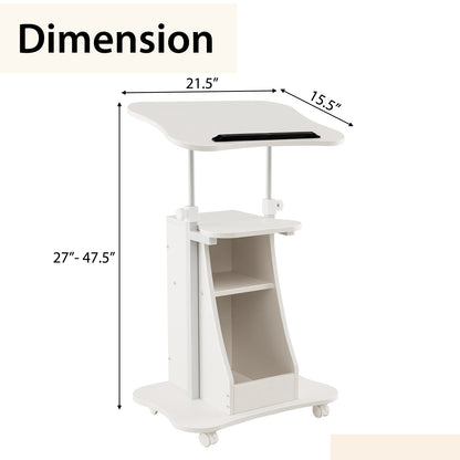 Mobile Podium Stand Height Adjustable Laptop Cart with Tilting Tabletop and Storage Compartments-White