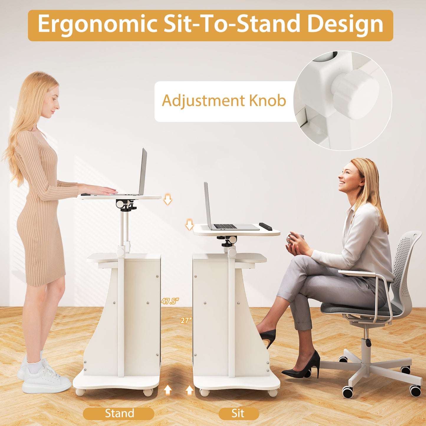 Mobile Podium Stand Height Adjustable Laptop Cart with Tilting Tabletop and Storage Compartments-White
