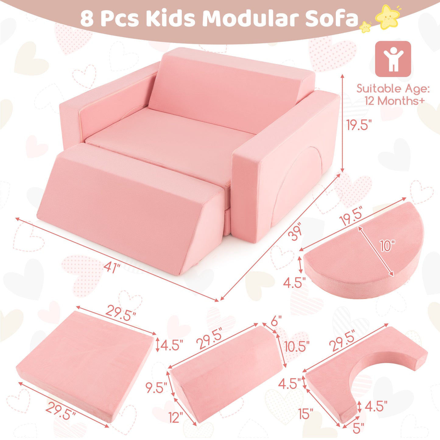 8 Pieces Kids Modular Play Sofa with Detachable Cover for Playroom and Bedroom-Pink