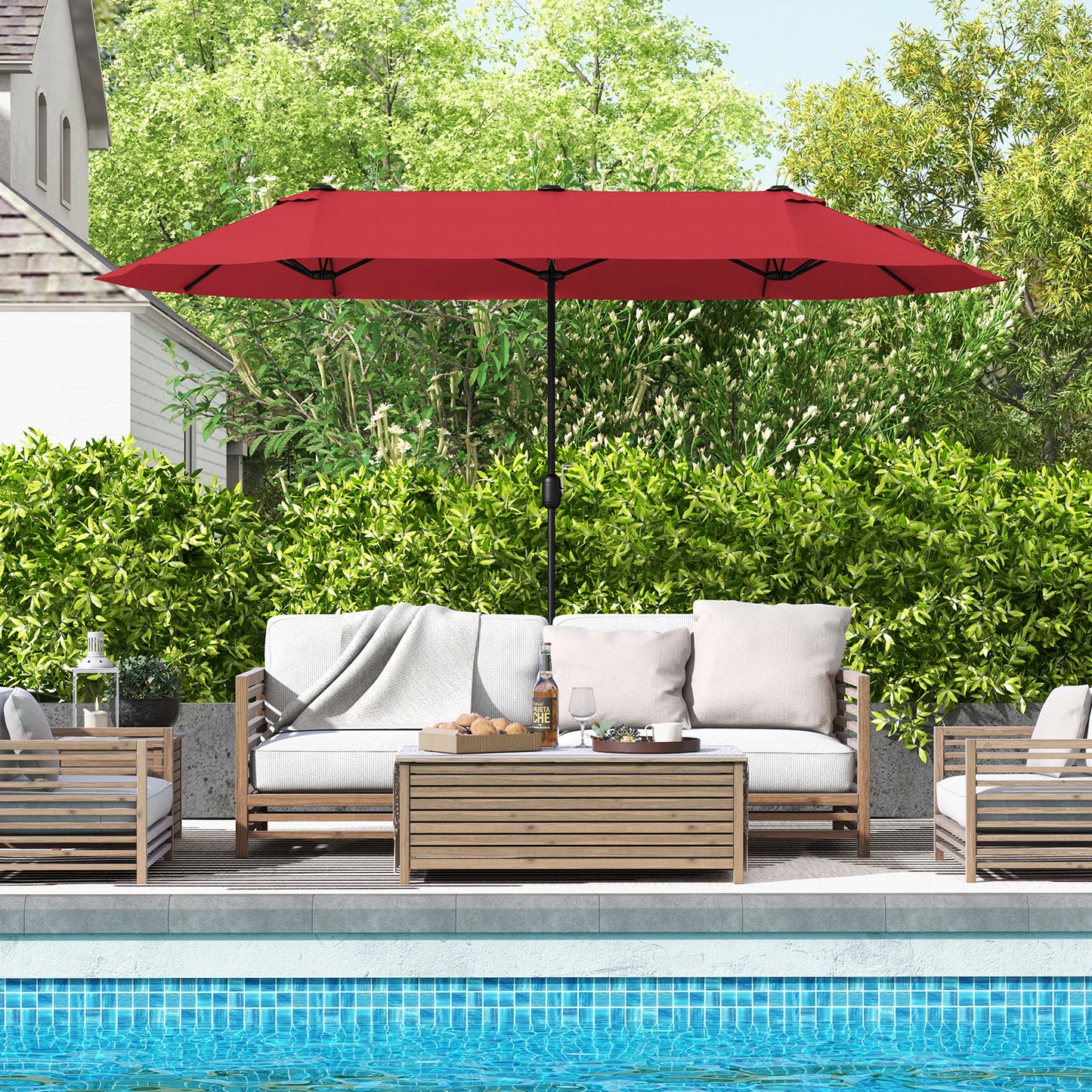 13 Feet Double-Sided Patio Twin Table Umbrella with Crank Handle-Wine