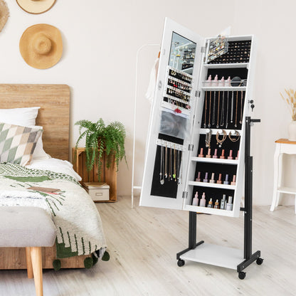 3-Color 46 LED Lights Mirror Jewelry Cabinet Armoire Adjustable Height with Wheels-Brown