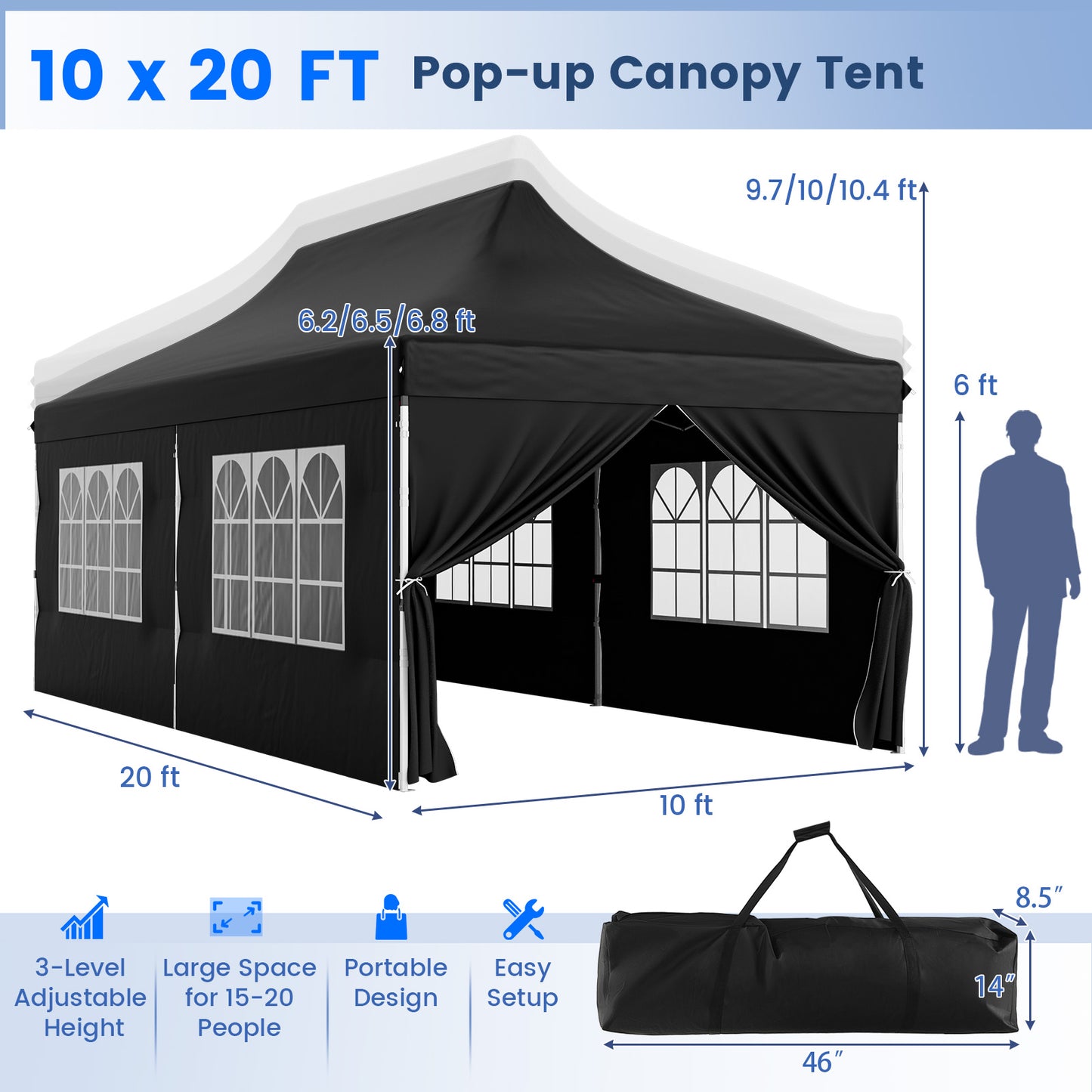 10 x 20 FT Pop up Canopy with 6 Sidewalls and Windows and Carrying Bag for Party Wedding Picnic-Black