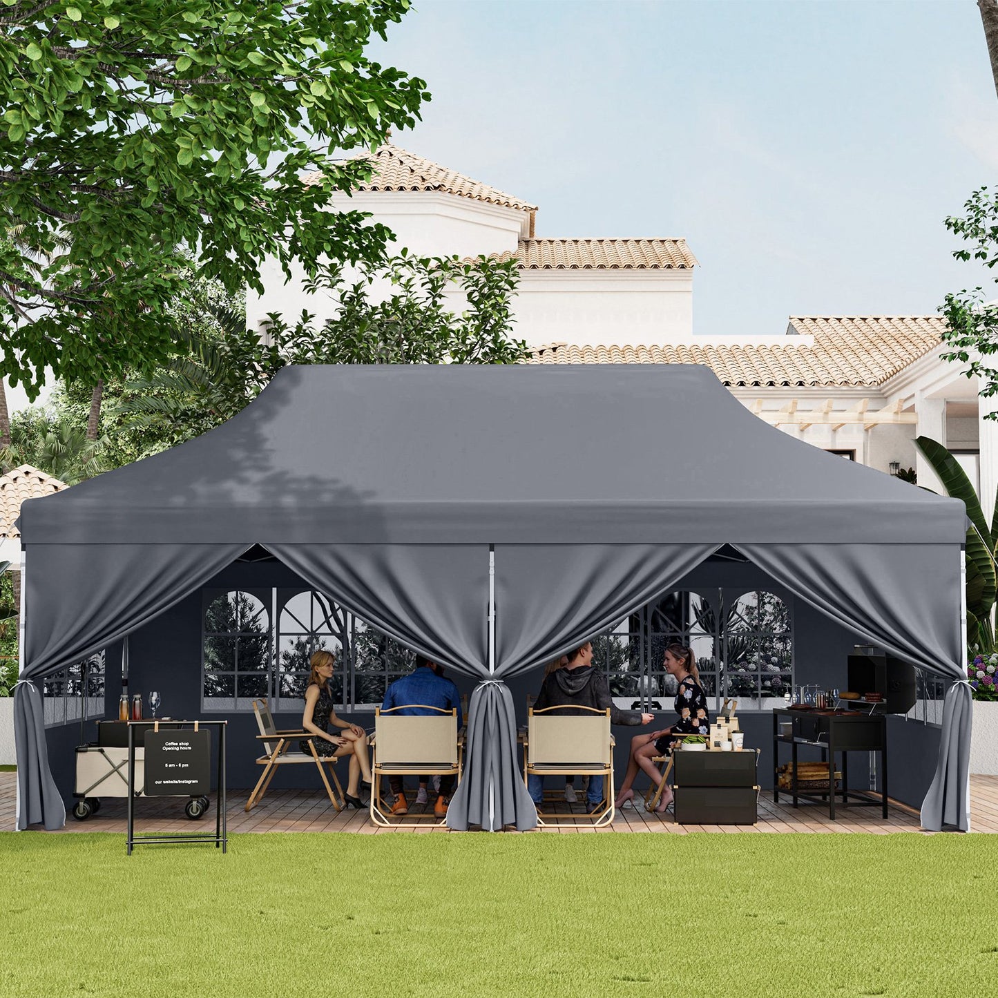 10 x 20 FT Pop up Canopy with 6 Sidewalls and Windows and Carrying Bag for Party Wedding Picnic-Black