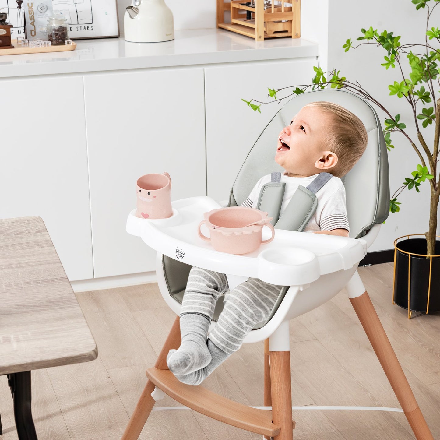 Baby High Chair with Dishwasher Safe Tray-Beige