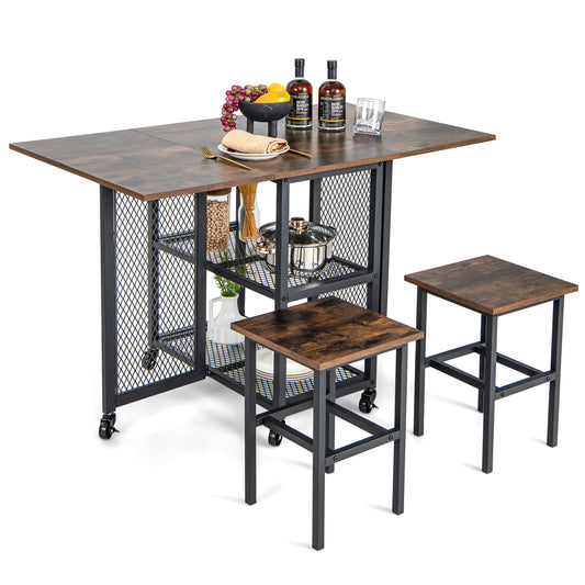 Drop Leaf Expandable Dining Table Set with Lockable Wheels-Brown