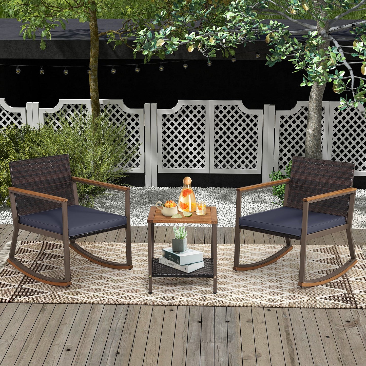 3 Pieces Rattan Rocking Bistro Set with Coffee Table and Cushions-Gray