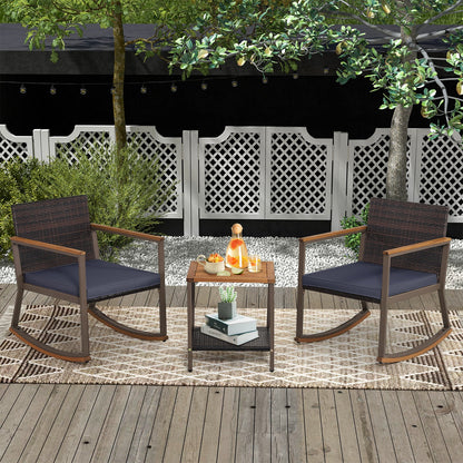 3 Pieces Rattan Rocking Bistro Set with Coffee Table and Cushions-Gray