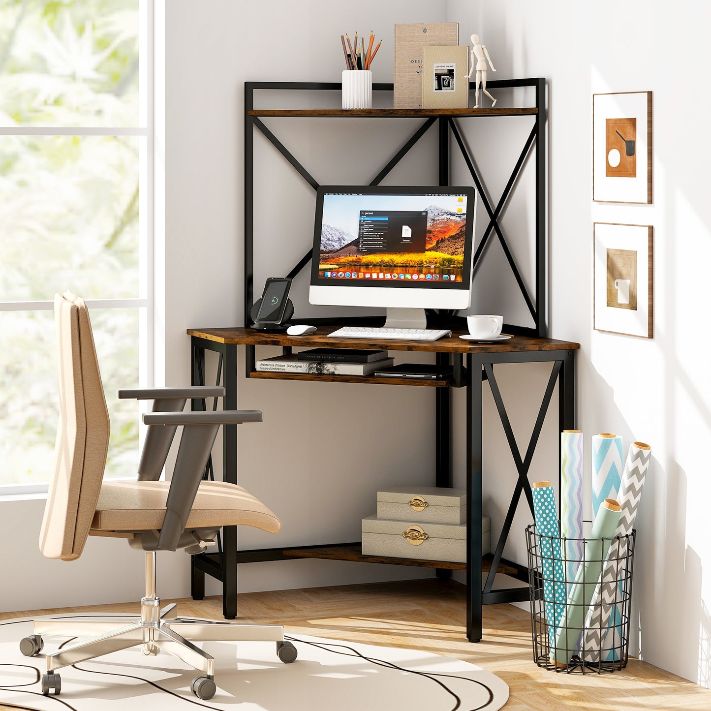 Space-Saving Corner Computer Desk with with Hutch and Keyboard Tray-Rustic Brown