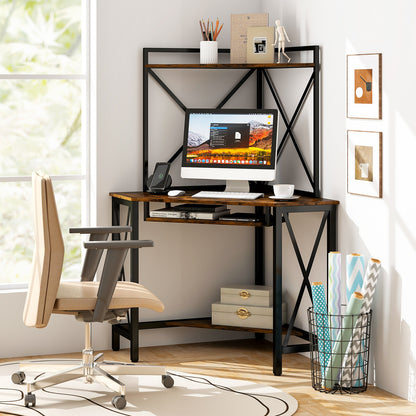 Space-Saving Corner Computer Desk with with Hutch and Keyboard Tray-Rustic Brown