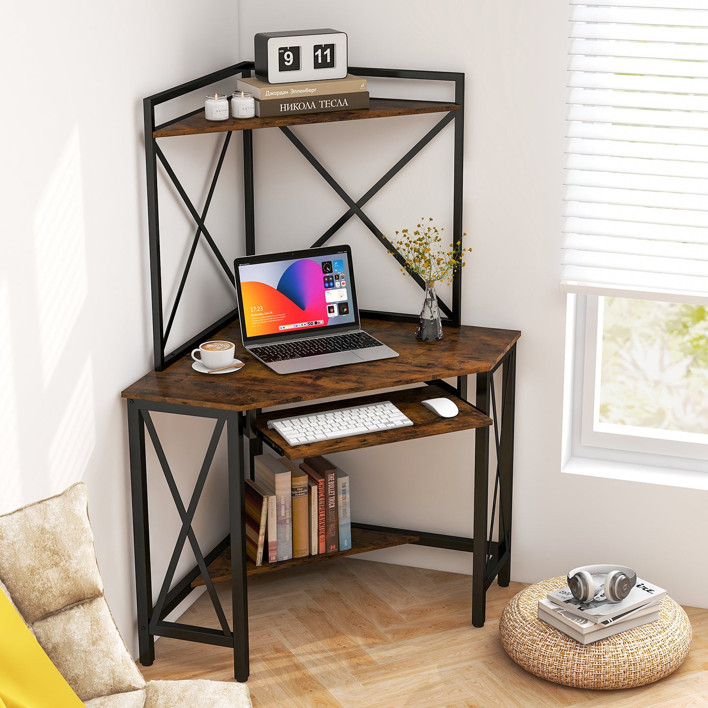 Space-Saving Corner Computer Desk with with Hutch and Keyboard Tray-Rustic Brown