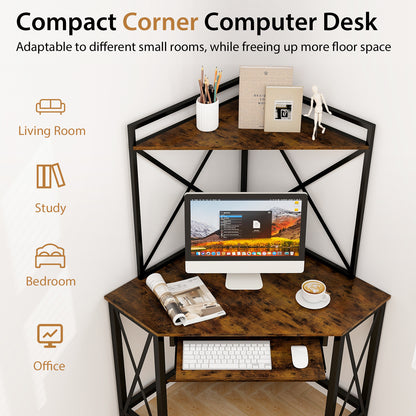 Space-Saving Corner Computer Desk with with Hutch and Keyboard Tray-Rustic Brown