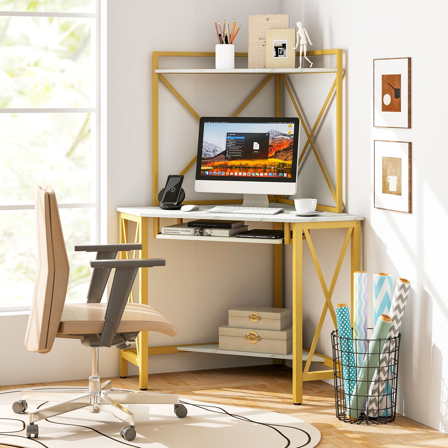 Space-Saving Corner Computer Desk with with Hutch and Keyboard Tray-White