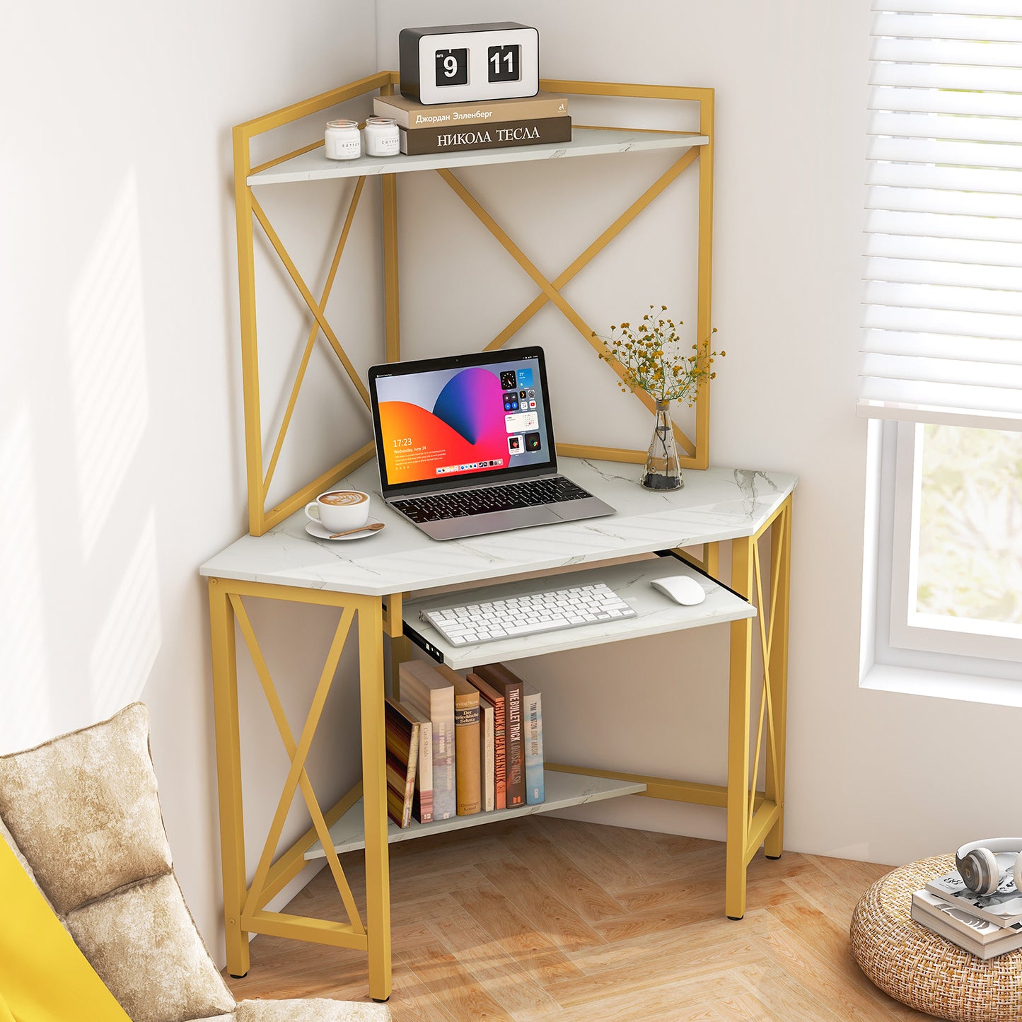 Space-Saving Corner Computer Desk with with Hutch and Keyboard Tray-White