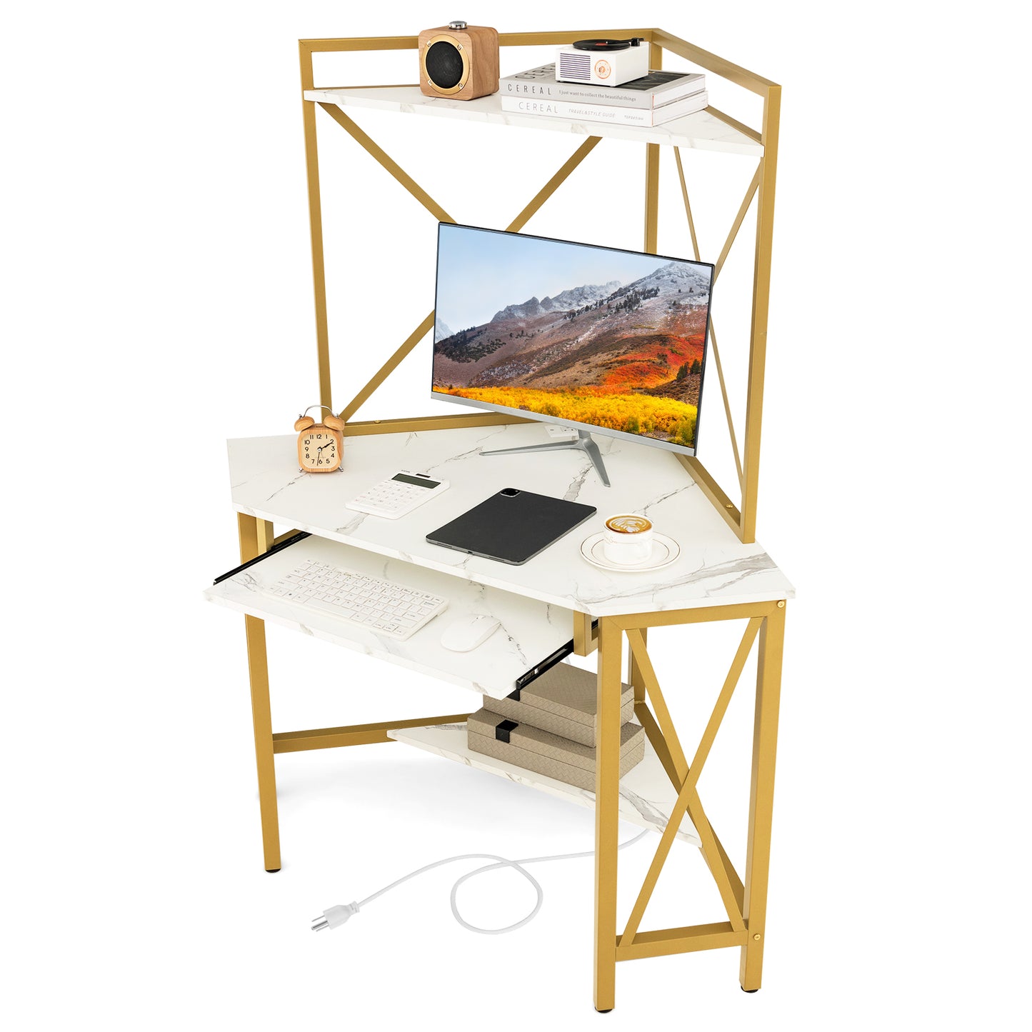 Space-Saving Corner Computer Desk with with Hutch and Keyboard Tray-White
