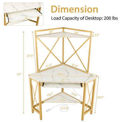 Space-Saving Corner Computer Desk with with Hutch and Keyboard Tray-White