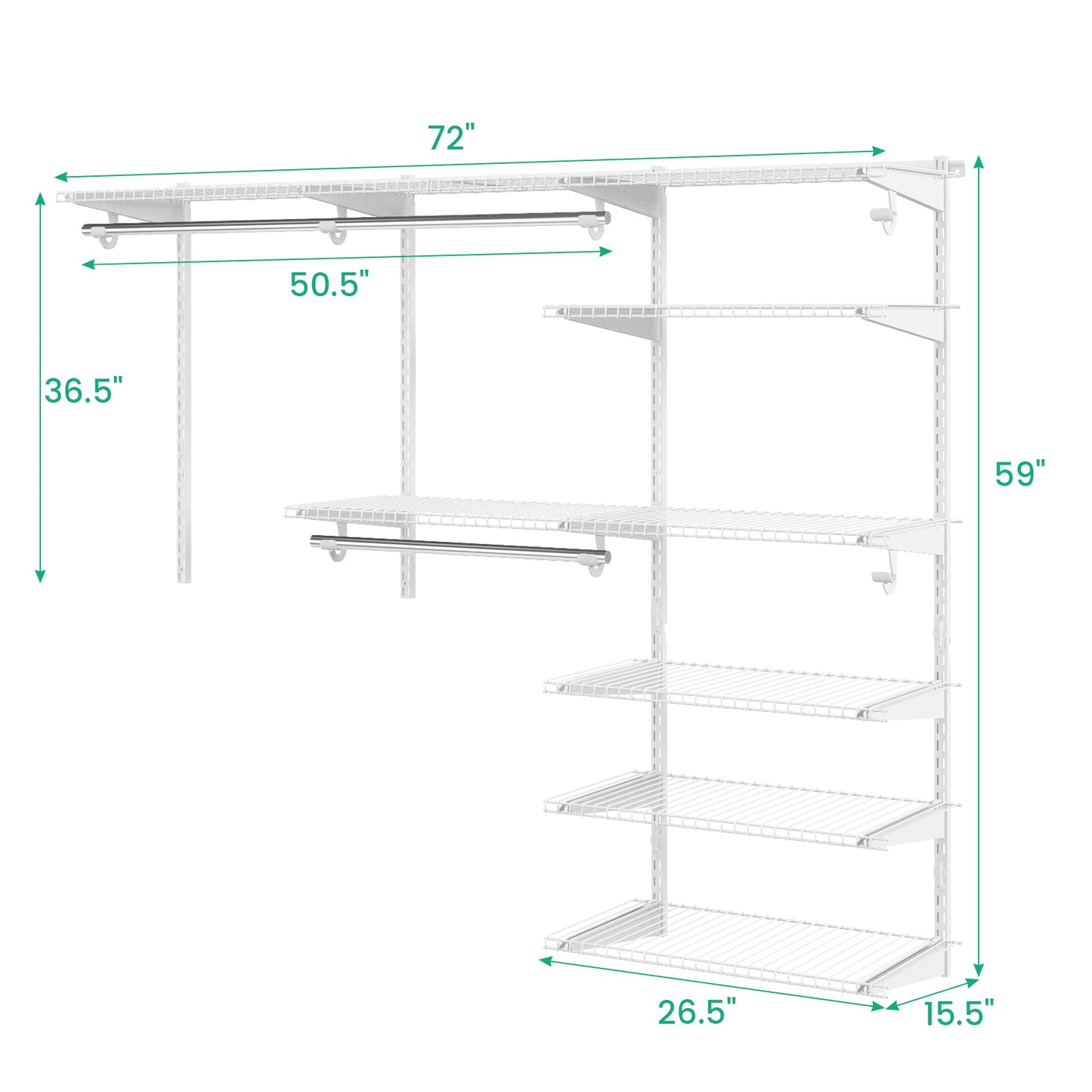 Adjustable Closet Organizer Kit with Shelves and Hanging Rods for 4 to 6 Feet-White