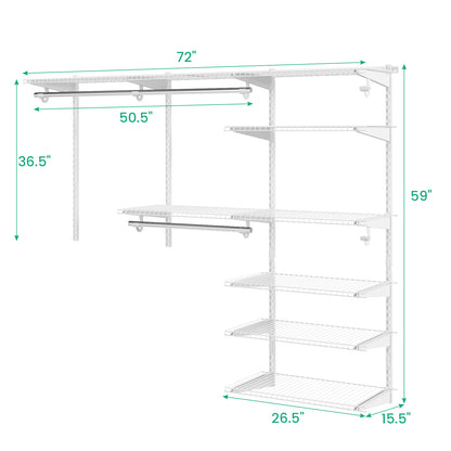 Adjustable Closet Organizer Kit with Shelves and Hanging Rods for 4 to 6 Feet-White