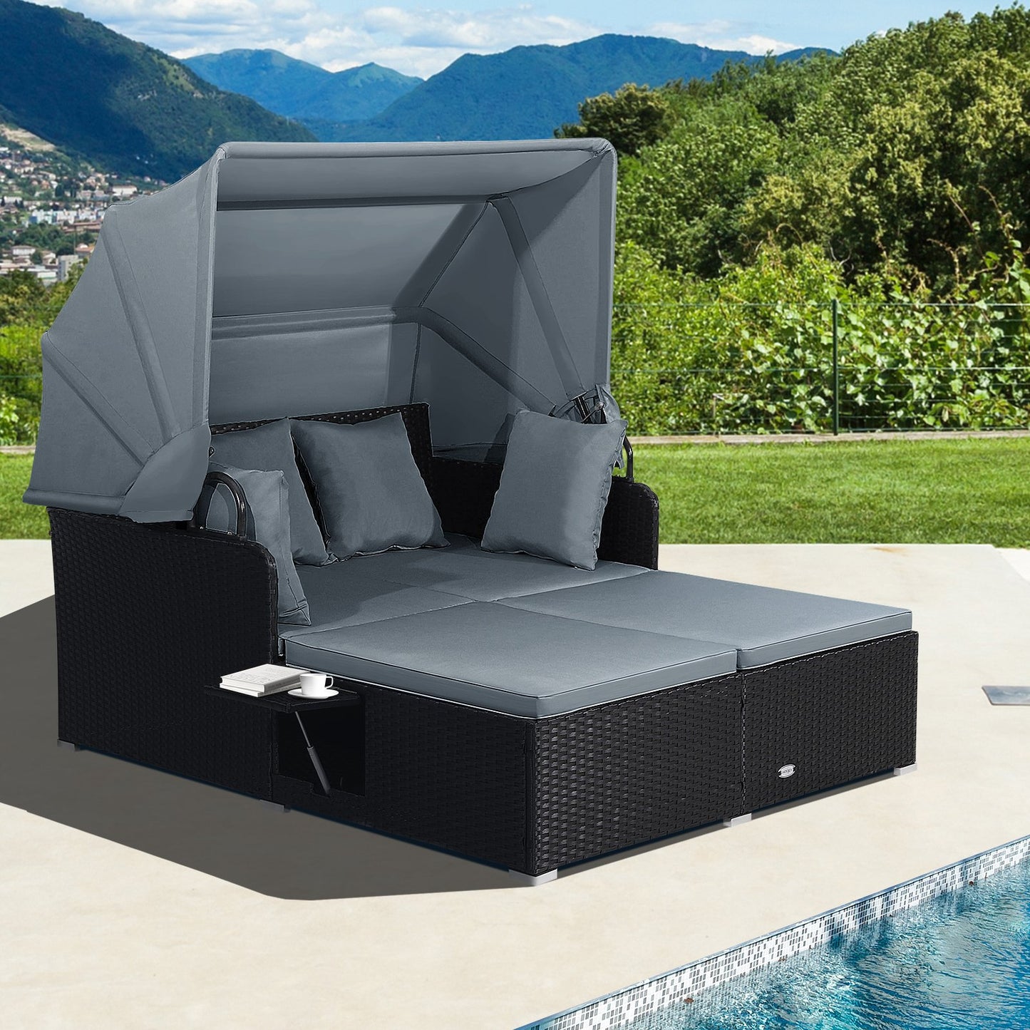 Patio Rattan Daybed with Retractable Canopy and Side Tables-Beige