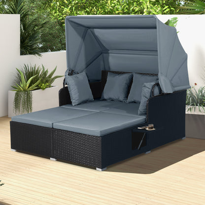 Patio Rattan Daybed with Retractable Canopy and Side Tables-Beige