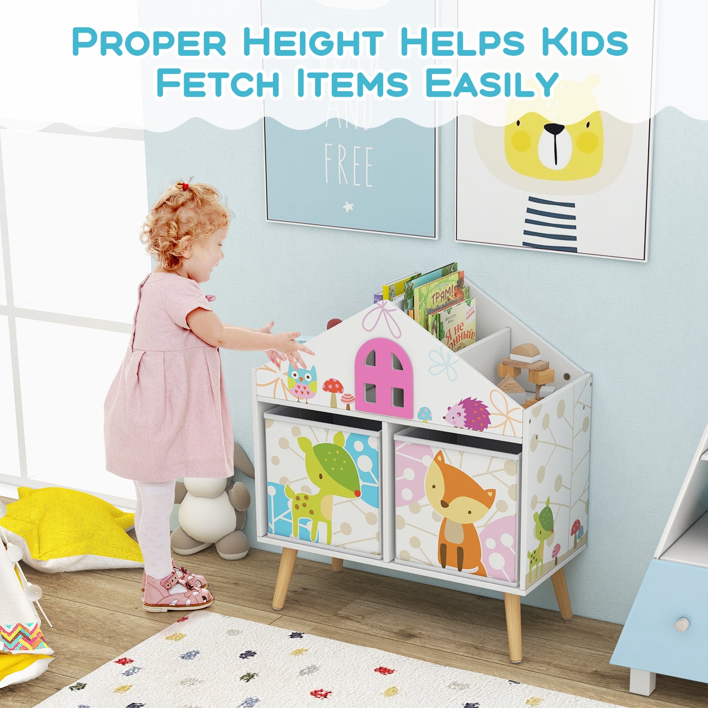 Kids House-shaped Bookshelf with 2 Storage Bins for Kids Room Playroom-White