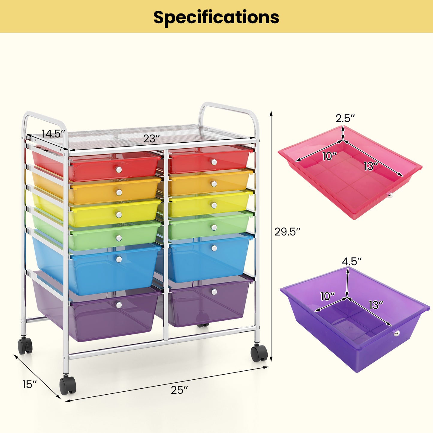 12 Storage Drawer Organizer Bins Rolling Cart-Multicolor