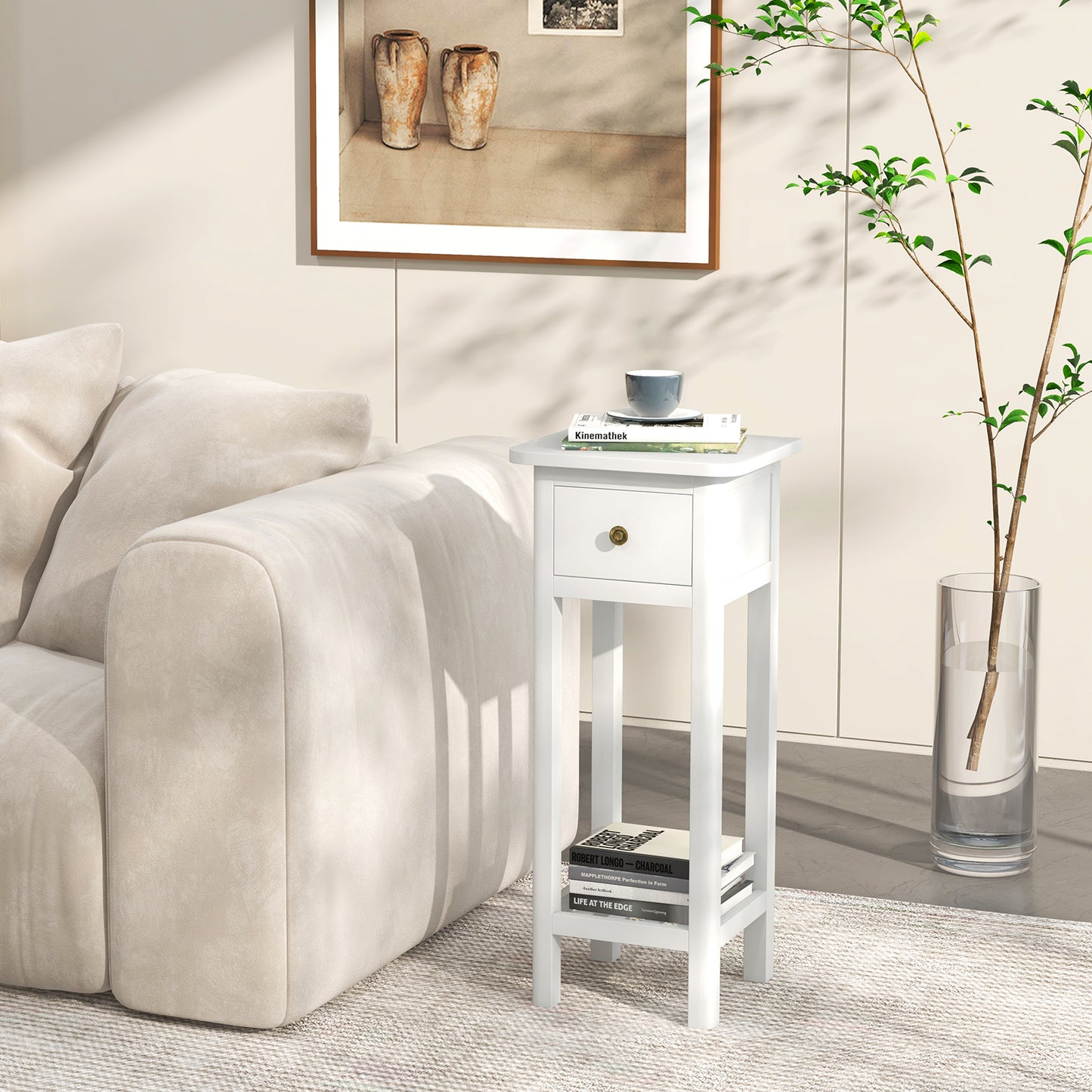2 Tier Slim Nightstand Bedside Table with Drawer Shelf-White