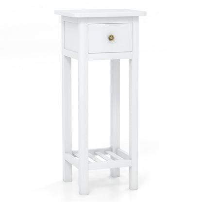 2 Tier Slim Nightstand Bedside Table with Drawer Shelf-White