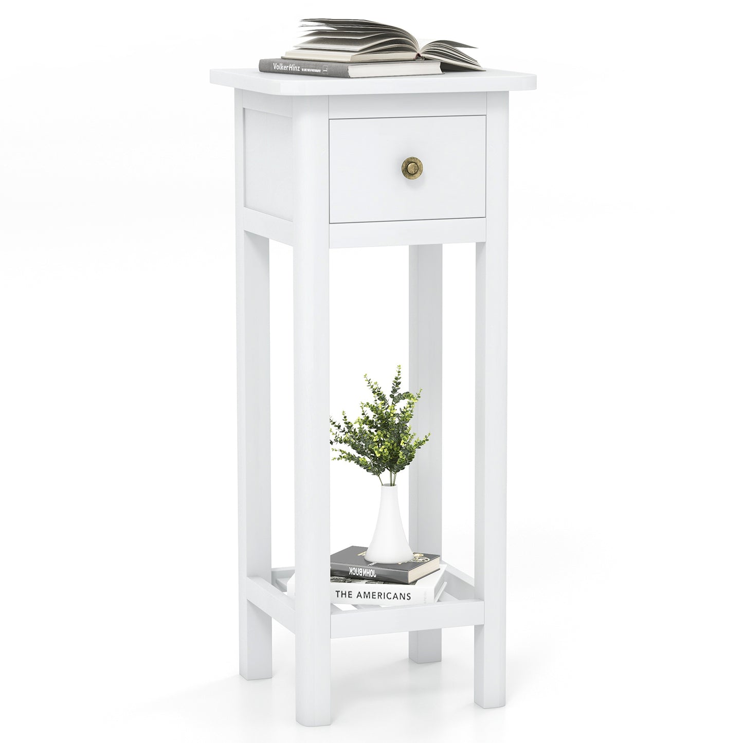 2 Tier Slim Nightstand Bedside Table with Drawer Shelf-White
