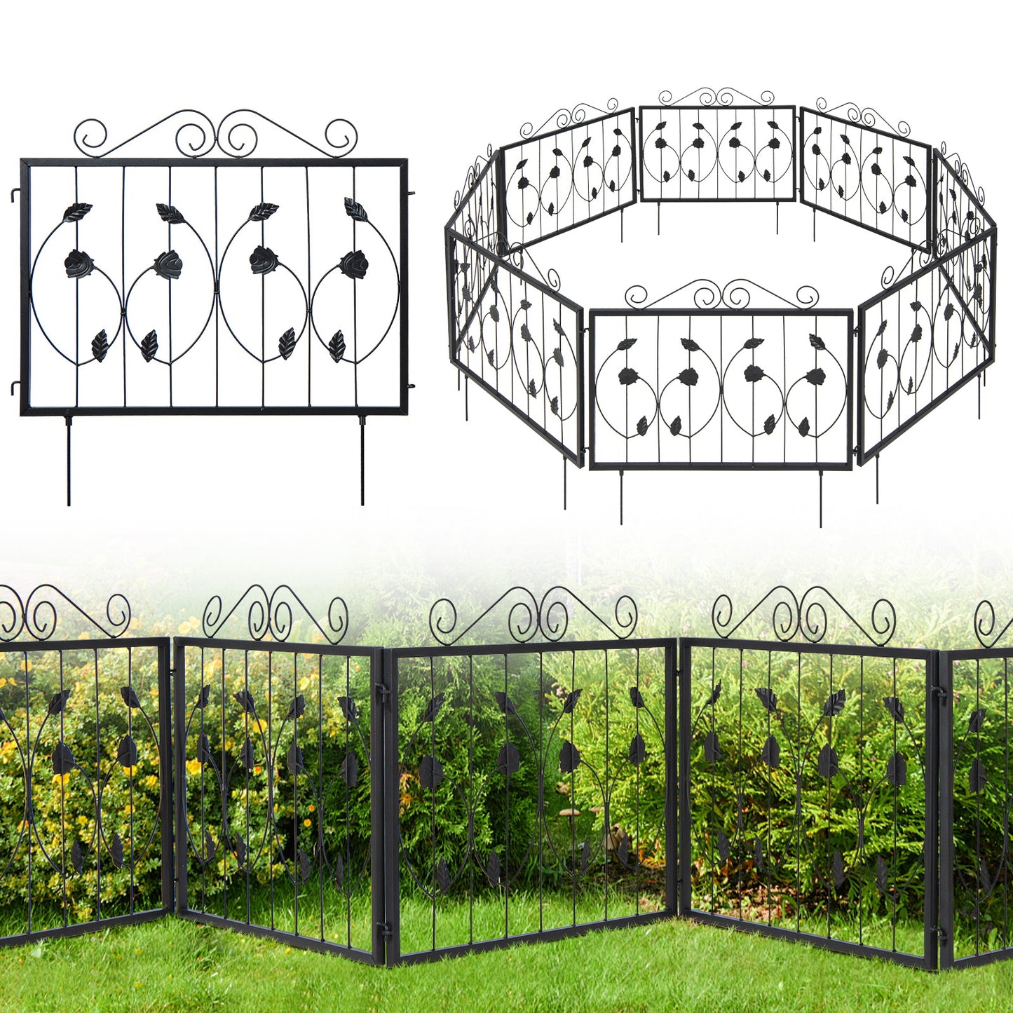 Decorative Garden Fence with 8 Panels Animal Barrier-Black
