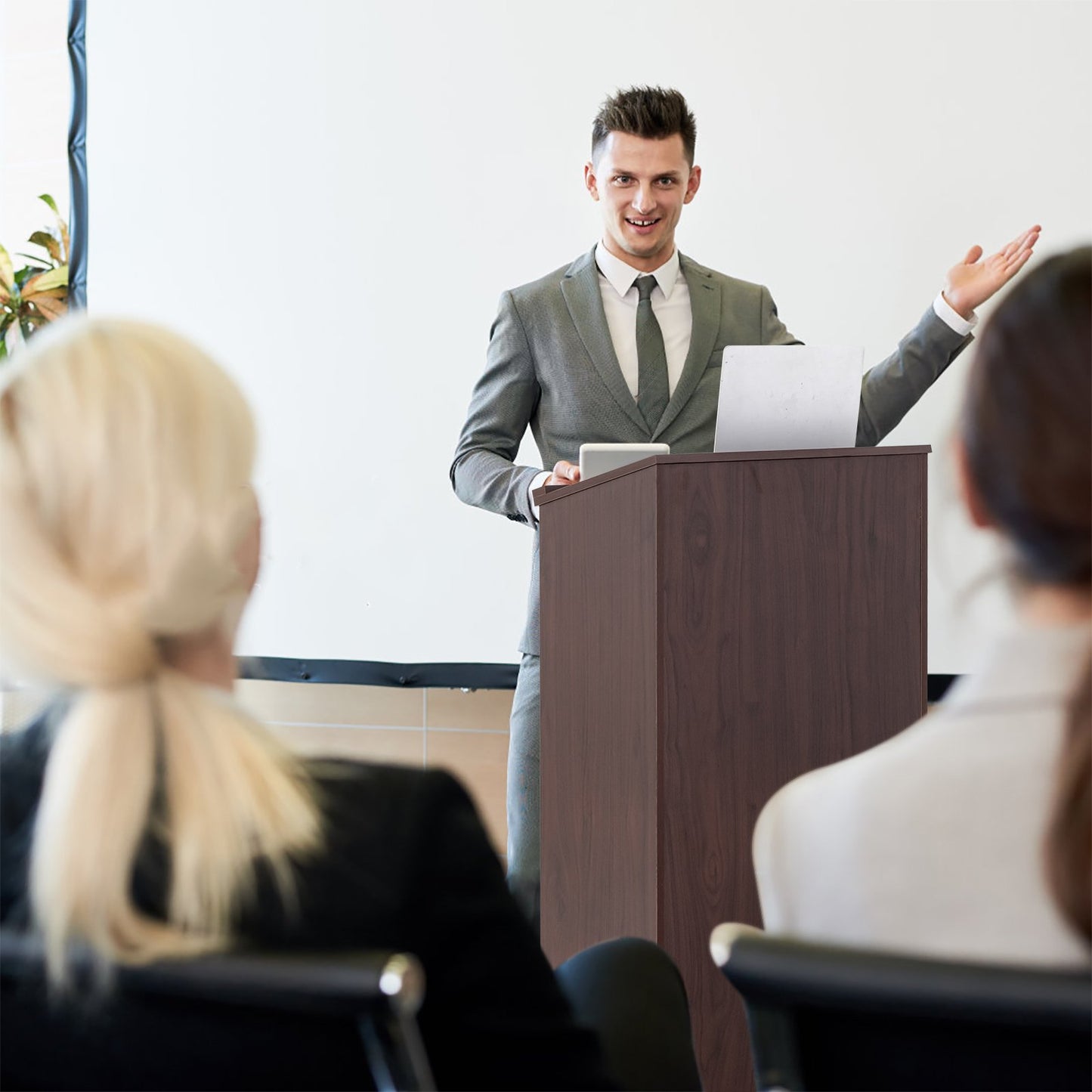 Wooden Floor Standing Podium Speaking Lectern-Black