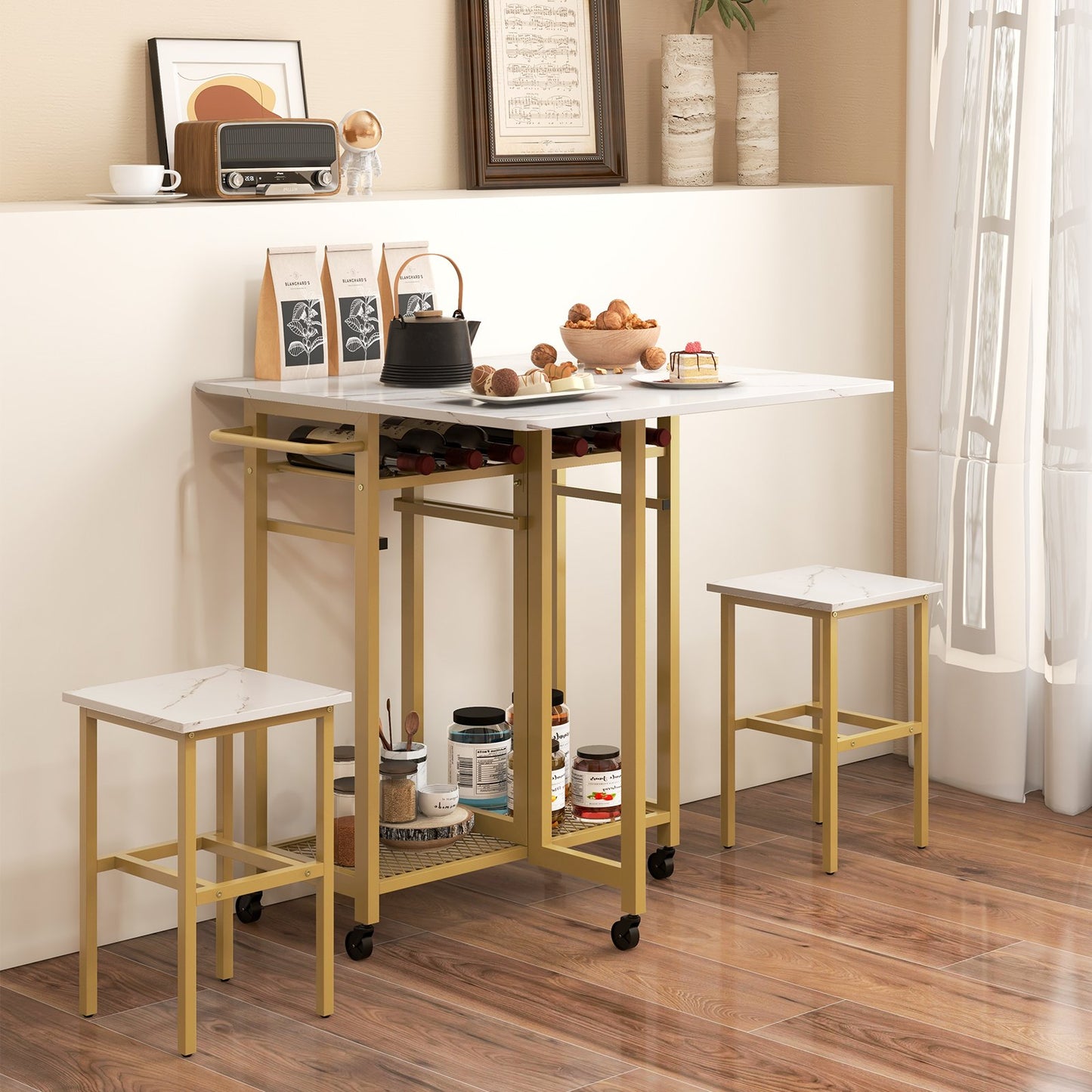 3 Piece Dining Table Set with 6-Bottle Wine Rack-Brown