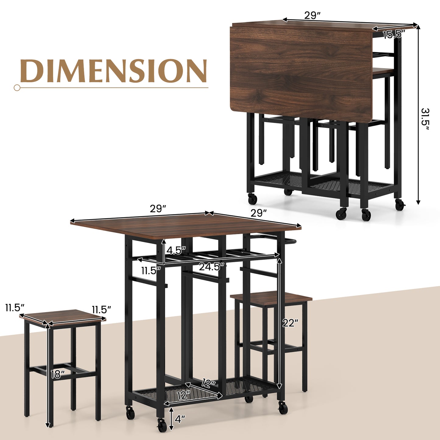 3 Piece Dining Table Set with 6-Bottle Wine Rack-Brown