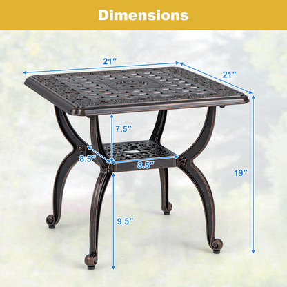 Cast Aluminum Outdoor Side Table with Storage Shelf for Garden Porch Balcony