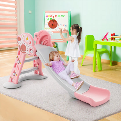 3-in-1 Folding Slide Playset with Basketball Hoop and Small Basketball-Pink