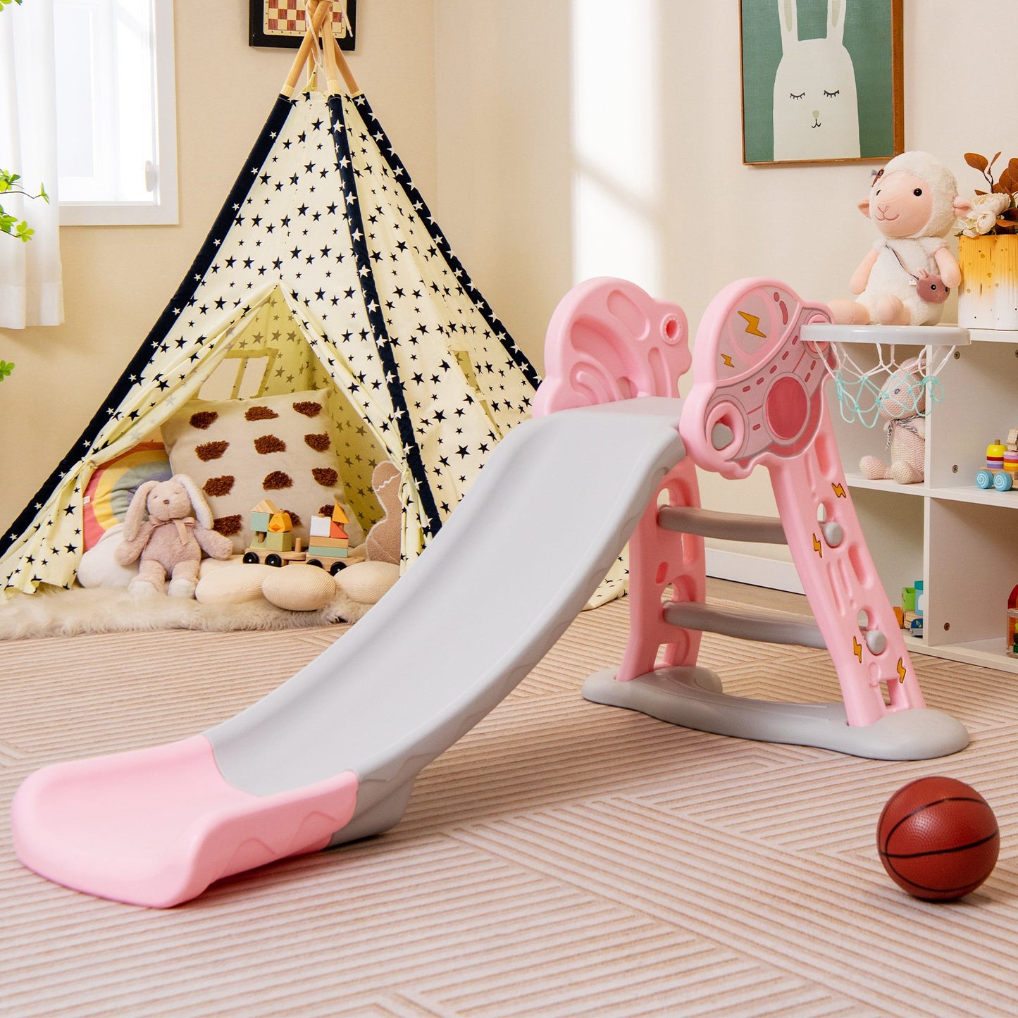 3-in-1 Folding Slide Playset with Basketball Hoop and Small Basketball-Blue