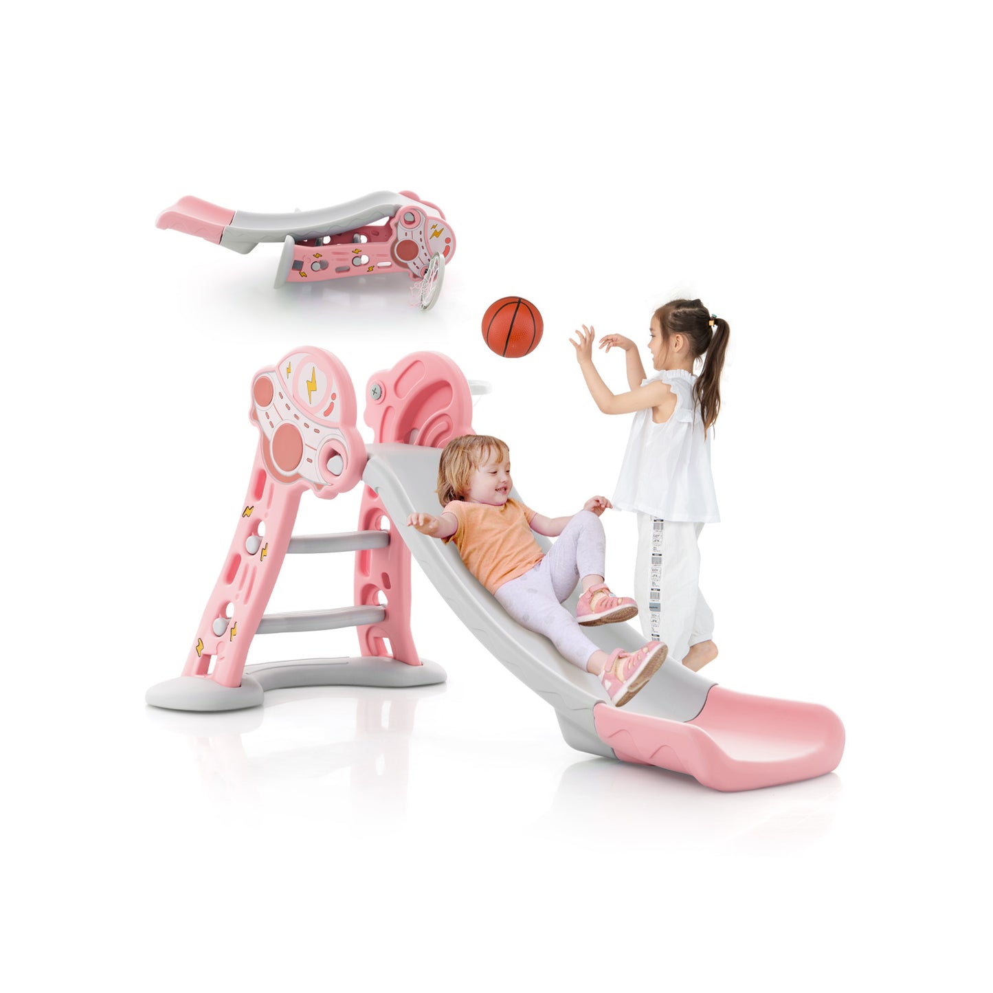 3-in-1 Folding Slide Playset with Basketball Hoop and Small Basketball-Pink