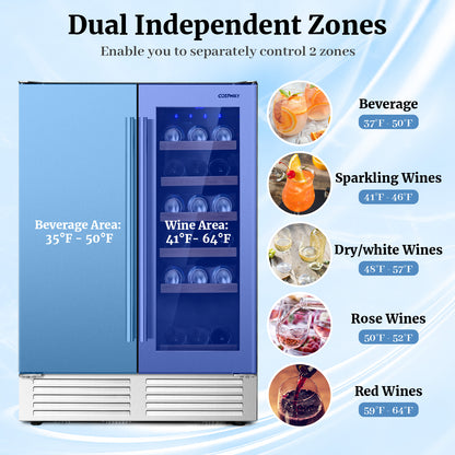 2-in-1 Beverage and Wine Cooler with Independent Temperature Control and LED Lights-Silver