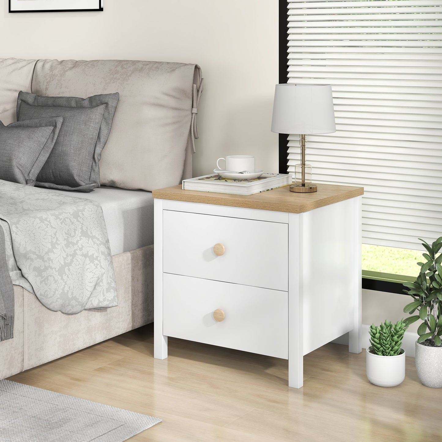 2-Drawer Nightstand with Rubber Wood Legs-Gray