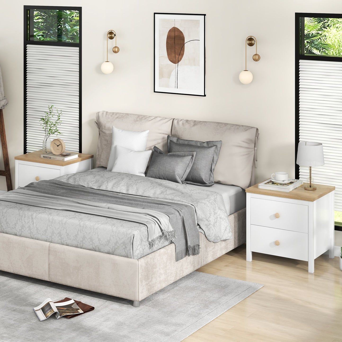 2-Drawer Nightstand with Rubber Wood Legs-Gray