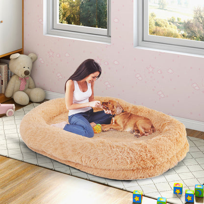 Washable Fluffy Human Dog Bed with Soft Blanket and Plump Pillow-Brown