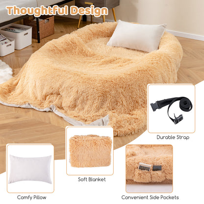 Washable Fluffy Human Dog Bed with Soft Blanket and Plump Pillow-Brown